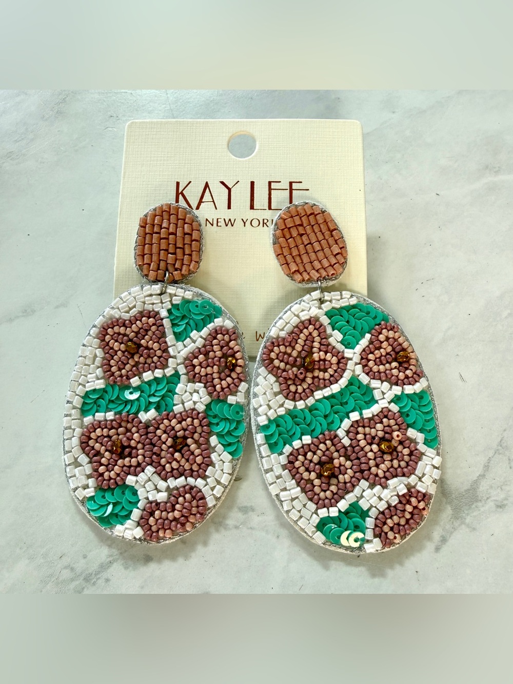 ✨ NWT Kay Lee New York Handmade Oval Floral Beaded Statement Earrings ✨